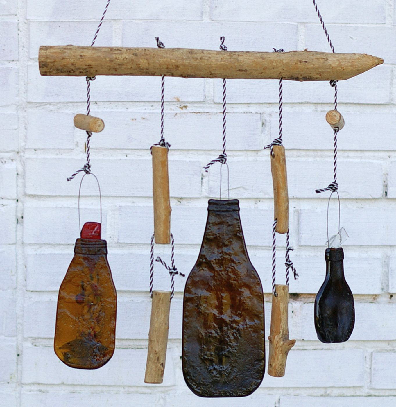 garden decor with windchime made of driftwood and fusing glass